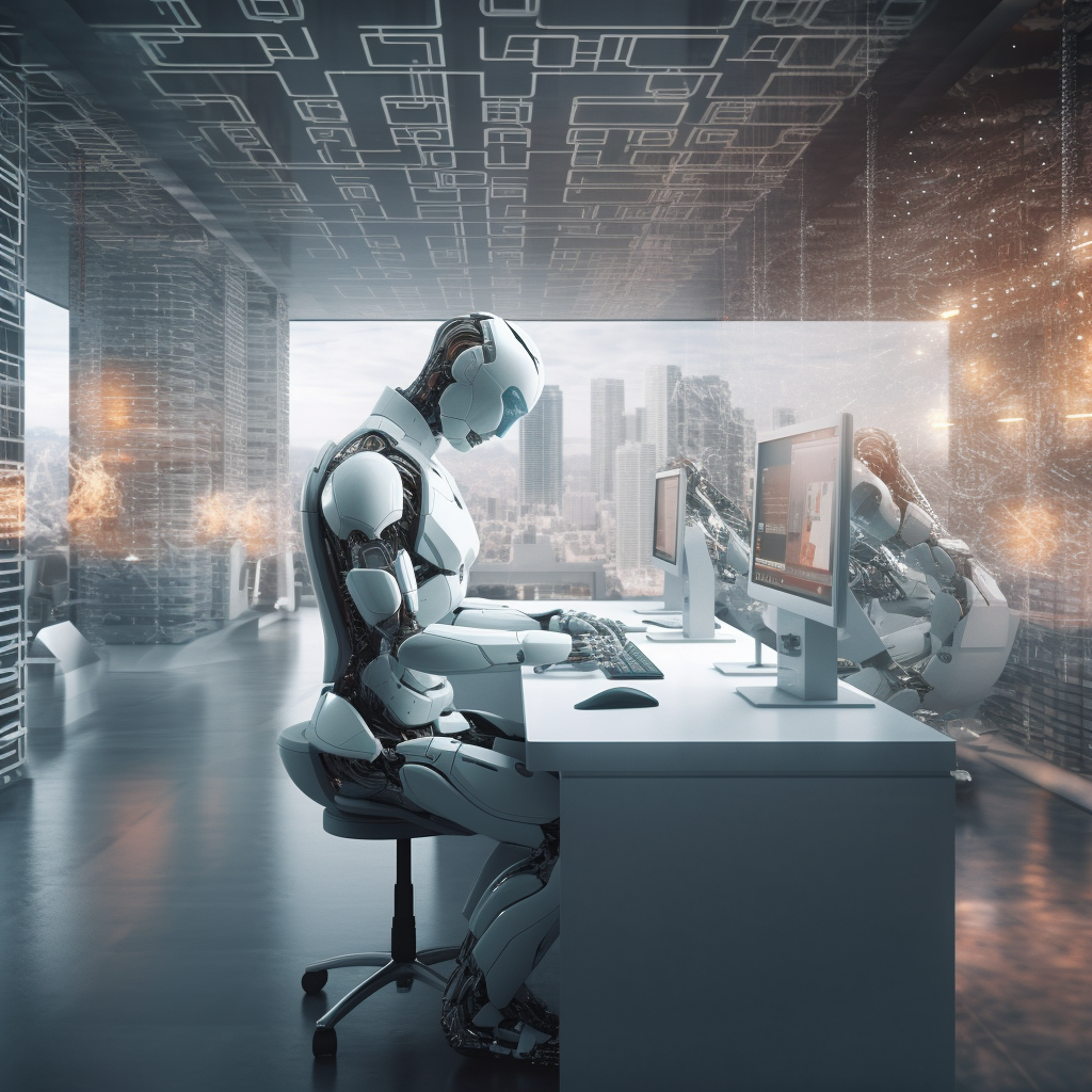 a robot sitting at a computer in an office